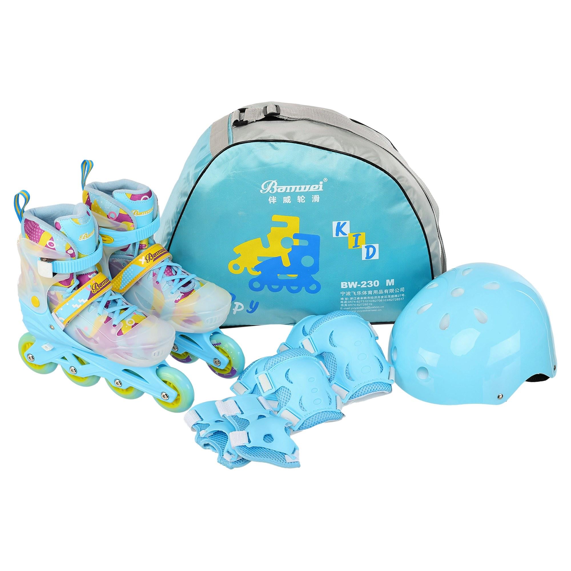 Роликовые коньки детские Banwei BW-230 раздвижные с защитой и шлемом колеса светящиеся р. 31-34 Голубой (BW-230_Голубой_S_(31-34)