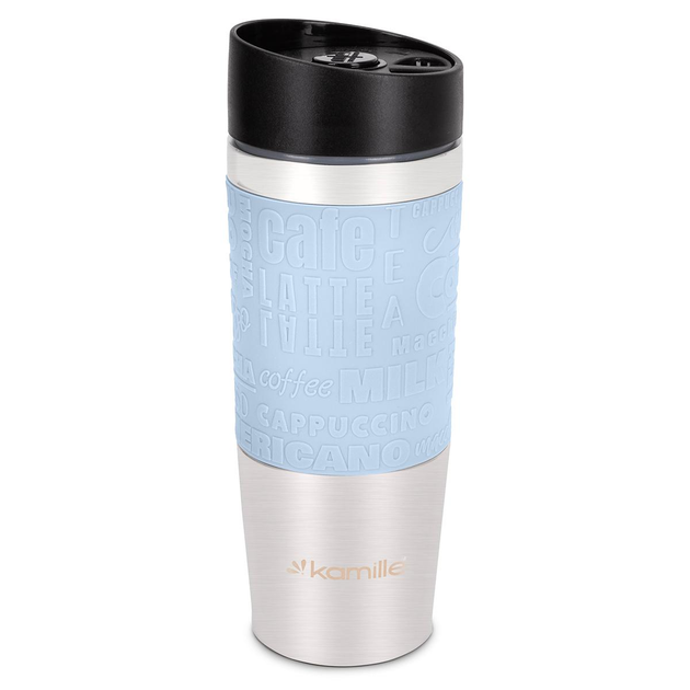 Термокружка Kamille KM-2153 из нержавеющей стали с TPR-вставкой 380 мл Стальной/Голубой (150-84-2153)