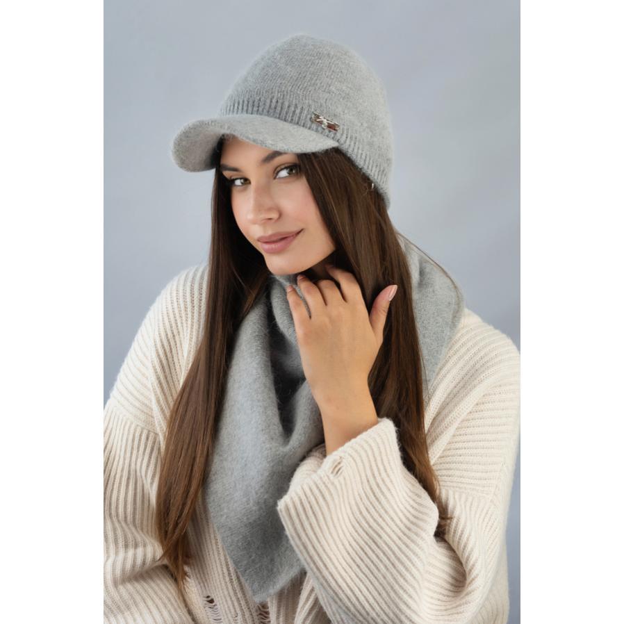 Комплект женский Braxton 4955-5 из шерсти кролика двойная шапка с козырьком и косынка Долорес Серый