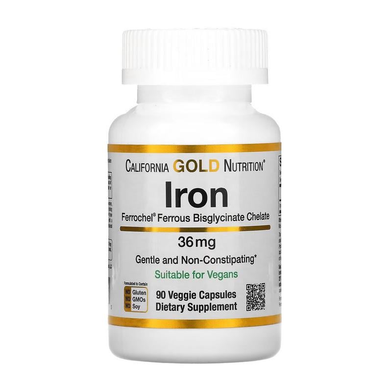 Залізо бісгліцинат хелат для жінок California Gold Nutrition Iron 36 mg 90 вег. капс.