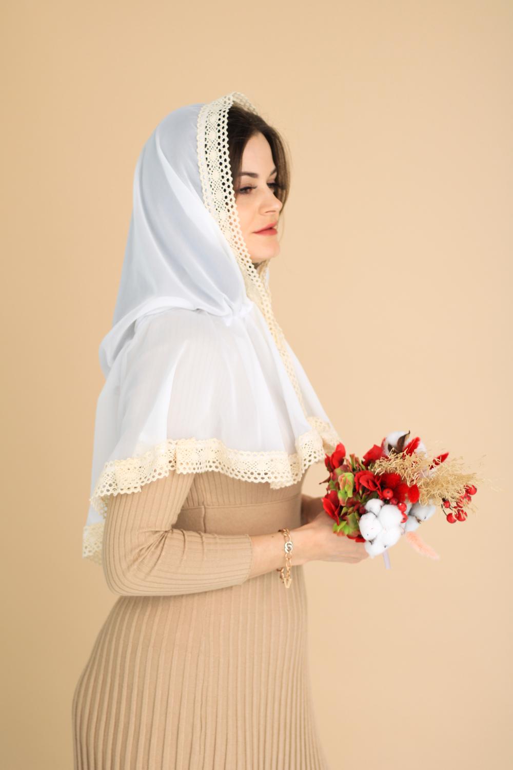 Палантин для храма на голову 80x120 см Белый (п007) - фото 6 Палантин для храма на голову 80x120 см Белый (п007) - фото 6