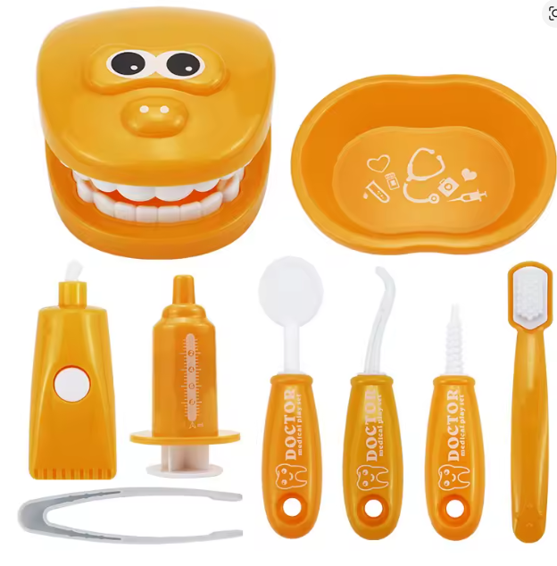 Дитячий набір стоматолога з зубами та інструментами 9 елементів Помаранчевий (55/5) - фото 1 Дитячий набір стоматолога з зубами та інструментами 9 елементів Помаранчевий (55/5) - фото 1