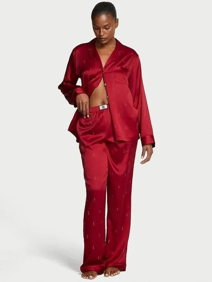 Пижама сатиновая Victoria's Secret Signature Satin Shine Long Pajama Set Red Laquer Regular XL Красный (27178712D)