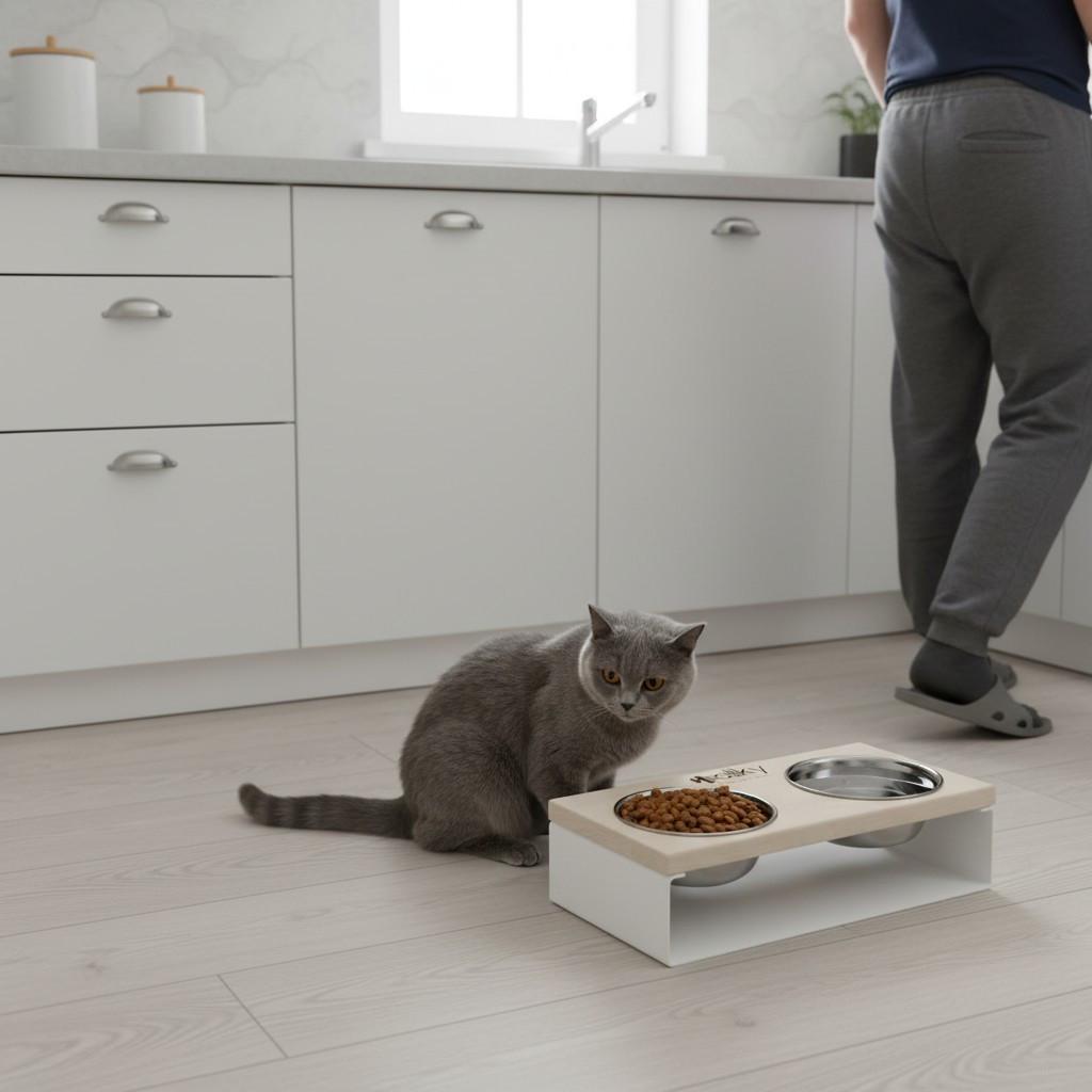 Миски на підставці з цільного металевого листа для собак і котів Hollky SteelWood S 2х0,45 л (SWS-36188-WHWH) - фото 1