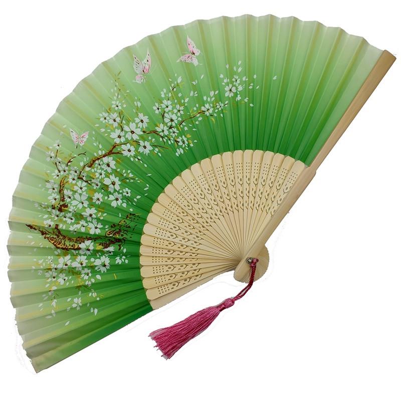 Віяло дерев'яний Квітуча слива 21х37 см Зелений (C2278)