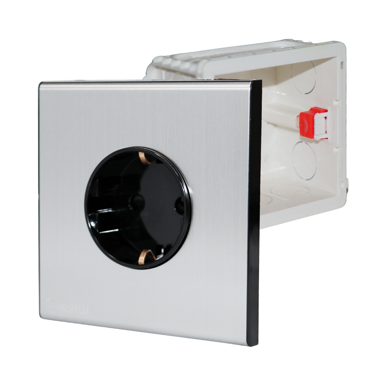 Комплект розетка MERALLI INOX з нержавіючої сталі безрамкова/підрозетник квадратний MERALLI внутрішнього монтажу горизонтальний Білий