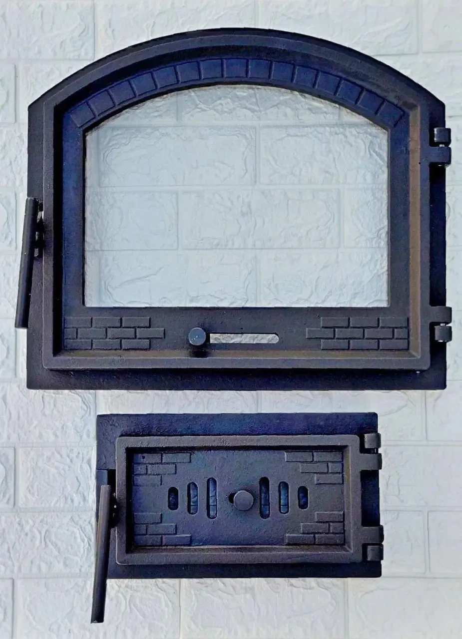 Дверки чавунні для каміна з термостійким склом і регулятором піддуву 42х49 см та піддувальні 19x33 см