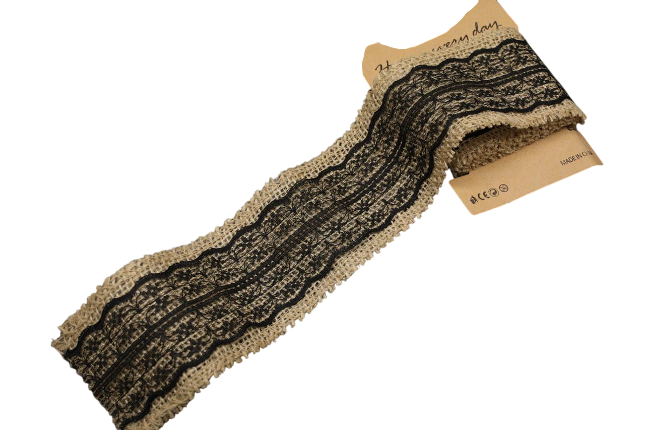 Лента из мешковины натуральная декоративная с черным кружевом 60 мм 1 м (LF-015)