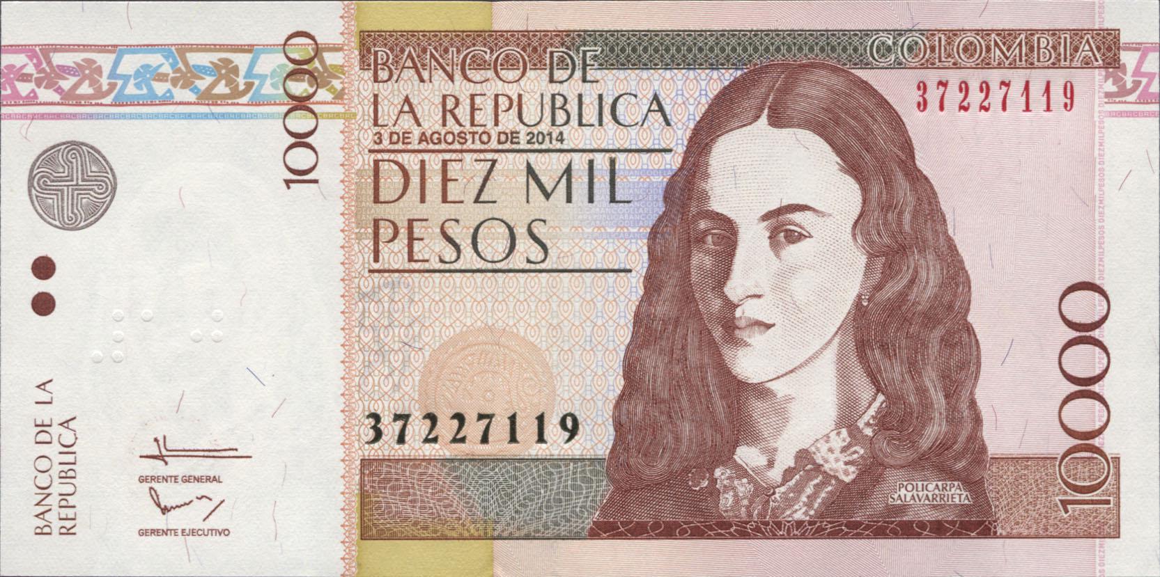 Коллекционная банкнота Колумбия 2014 10000 песо P453 UNC