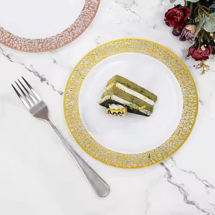 Набор тарелок пластиковых круглые десертные с золотистым узором 19 см и обеденные 26 см12 шт. Белый