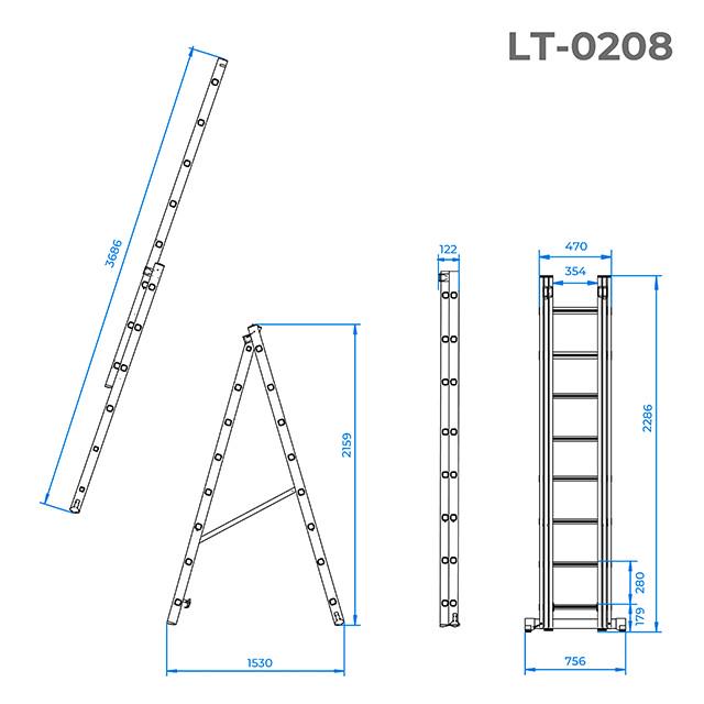 Сходи алюмінієві Intertool LT-0208 2-х секційні розкладні 2x8 3,69 м (9255246) - фото 4