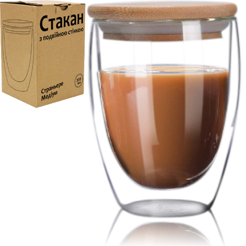 Чашка с двойной стенкой и бамбуковой крышкой 350 мл Прозрачный