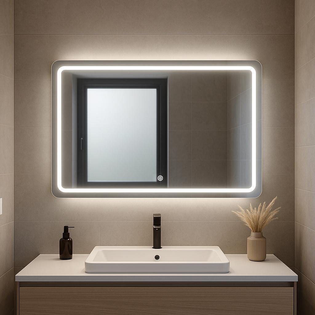 Дзеркало SENAM прямокутне із закругленими краями фоново-фронтальне підсвічування із сенсорною кнопкою 500х700 мм (PRZ.FF.5.7)