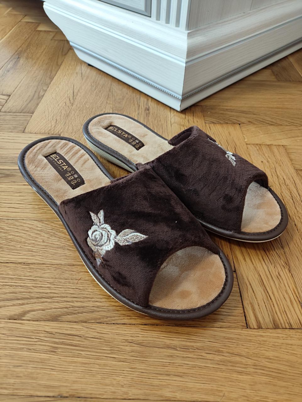 Домашні капці теплі БЕЛСТА 89-15k велюрові з вишивкою р. 39 Коричневий (89-15)
