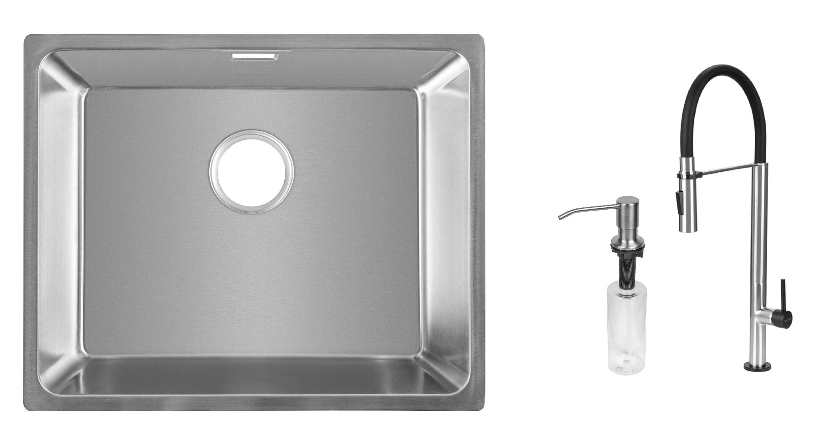Комплект из кухонной мойки Gunter&Hauer Gera 5420 IX кухонного смесителя Gunter&Hauer STERN Brush Black и дозатора Gunter&Hauer SOAP DISPENSER Inox