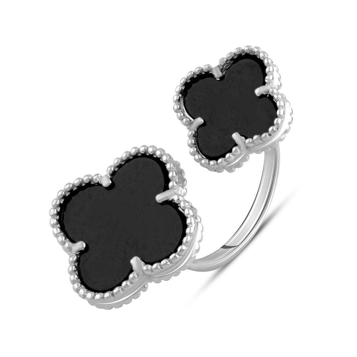 Каблучка срібна з двома елементами з оніксу у формі чотирилистника р. 16,5
