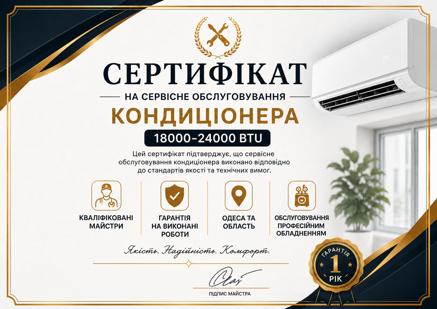 Сертификат на обслуживание кондиционера 18000-24000BTU