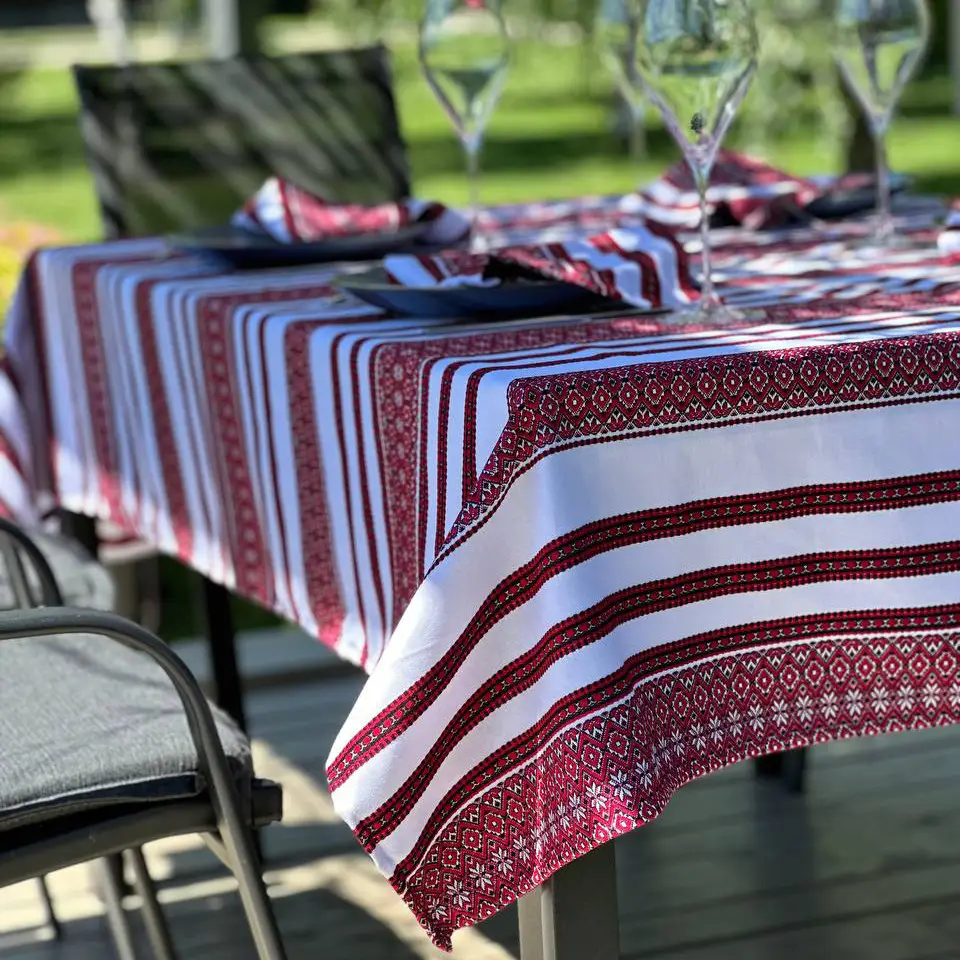 Скатертина лляна Український орнамент прямокутна 145x350 см Червоний (40011-p6)