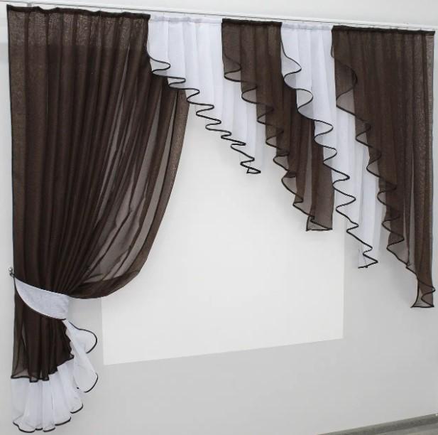 Занавески на кухню с ламбрекеном 200х170 см Венге/Белый (070к) - фото 3