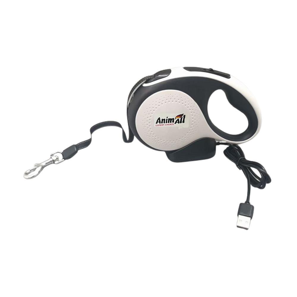 Поводок-рулетка AnimAll с LED-фонарем для собак до 50 кг 5 м Черно-белый