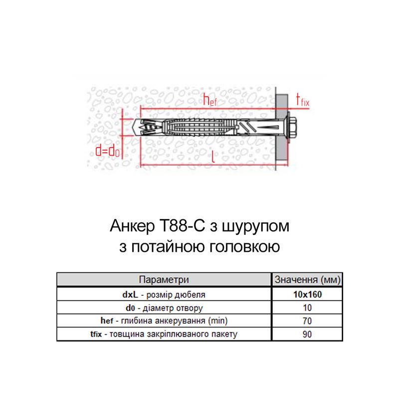 Дюбель Elematic T88-C 10х160 притиск 90 мм нейлон із шурупом потайна головка цинк 25 ​​шт. (92A10000092A1X0A6T) - фото 2