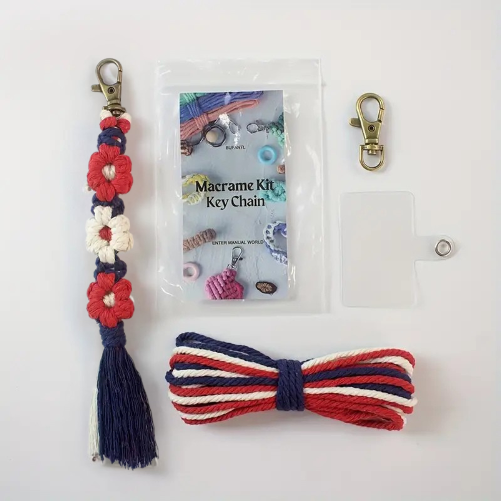 Набор макраме для рукоделия для ручной вязки плетеного брелока Цветы для ключей трехцветный 20х2,2 см Темно-синий/Красный/Белый