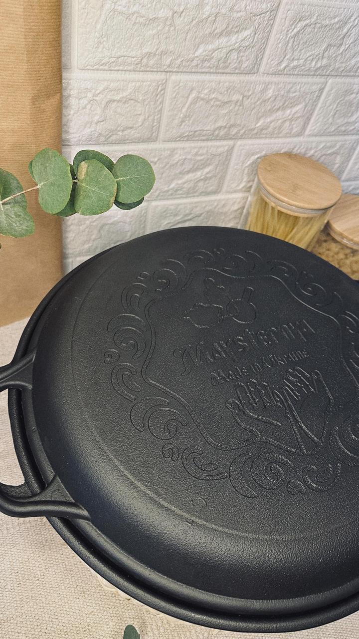 Казан чавунний Maysternya wok з кришкою-сковородою гриль з плоским дном 12 л (2565660354) - фото 8