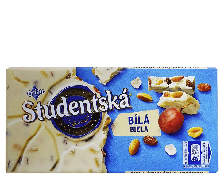 Шоколад белый Studentska Biela с арахисом изюмом и желе 180 г