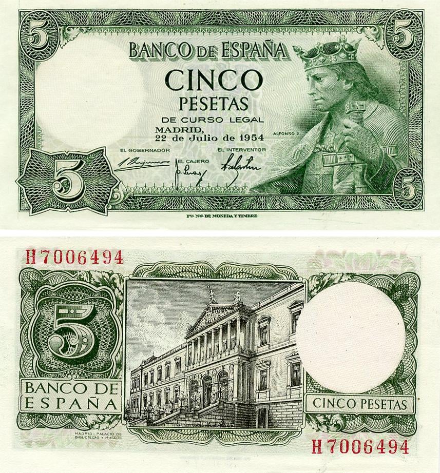 Колекційна банкнота Іспанія 5 песет 1954 UNC P146 (Б25103)