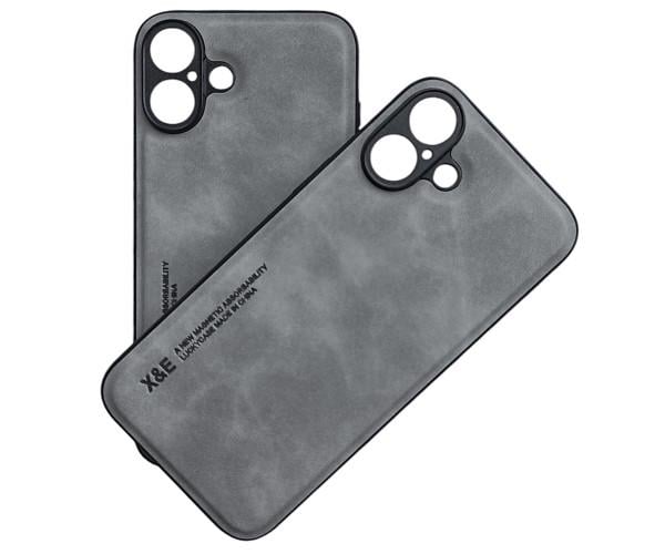 Кожаный чехол - накладка X&E для iPhone 16 с металлической вставкой Серый - фото 1