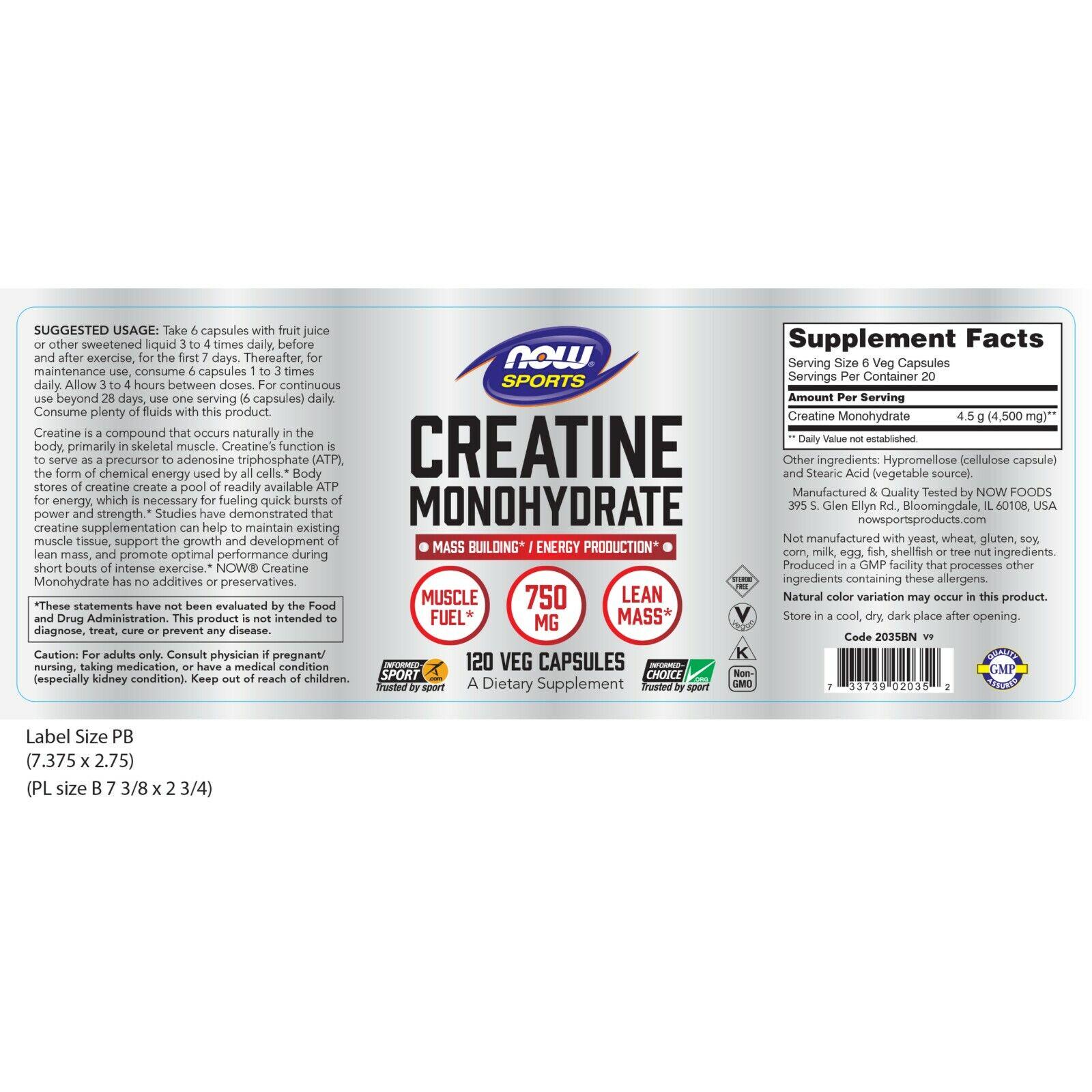 Креатин NOW Foods Creatine Monohydrate 750 mg 120 capsules - фото 3