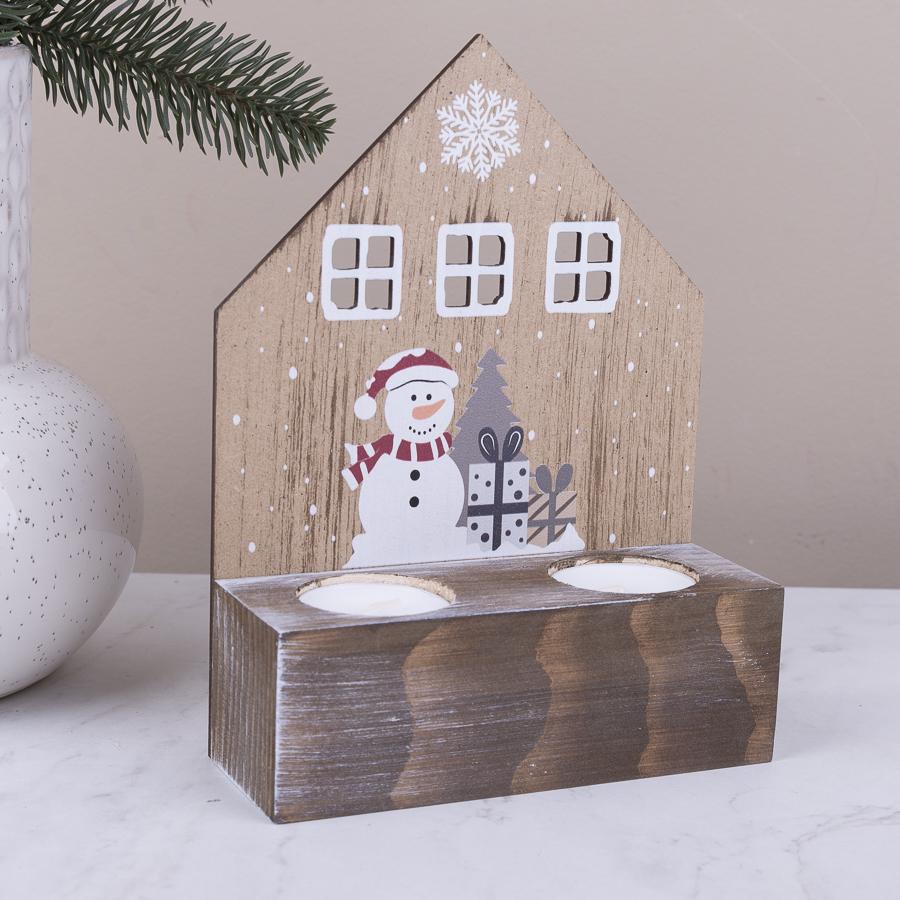 Подсвечник деревянный со снеговиком в форме домика 14 см (2467-8)