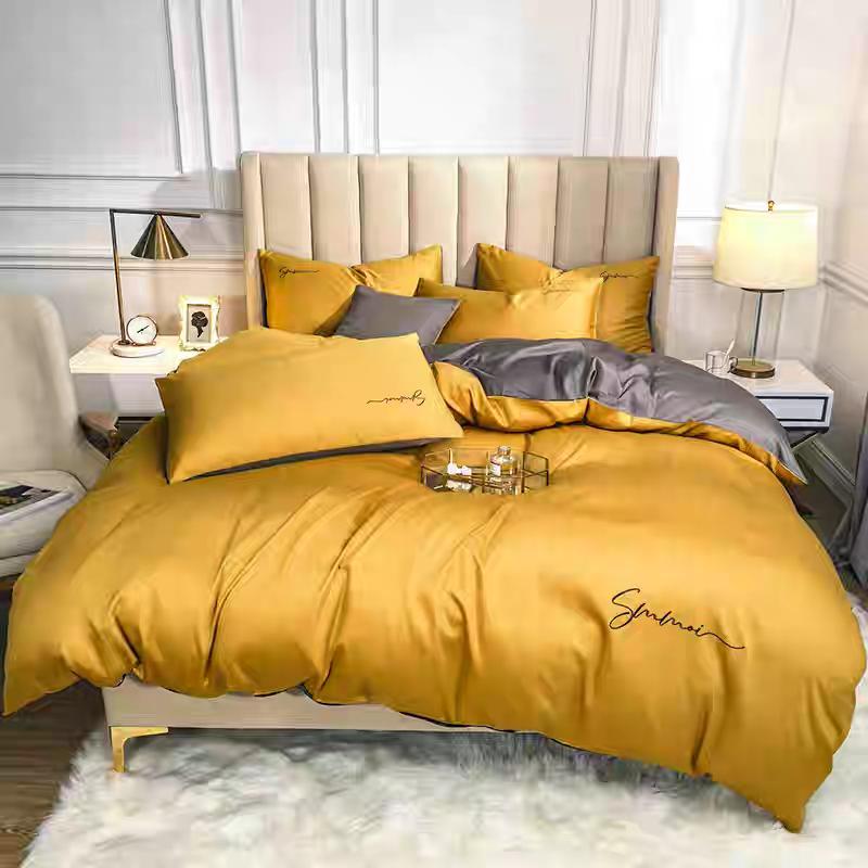 Комплект постільної білизни з кантом євро 2 довговолокниста бавовна Гірчичний/Сірий