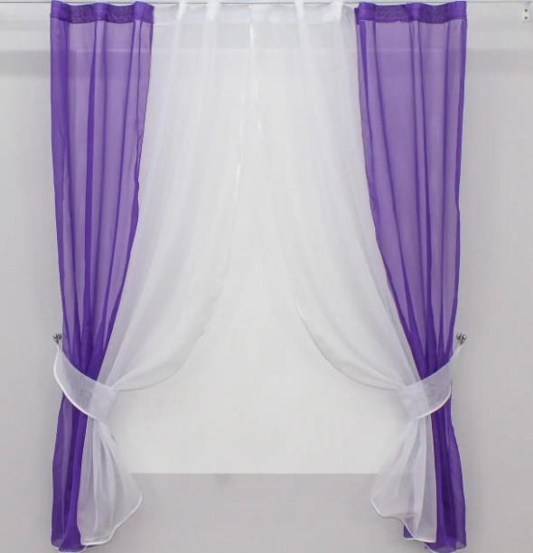 Занавеска на кухню/балкона с подвязками шифон 265х170 см Фиолетовый/Белый (017к)