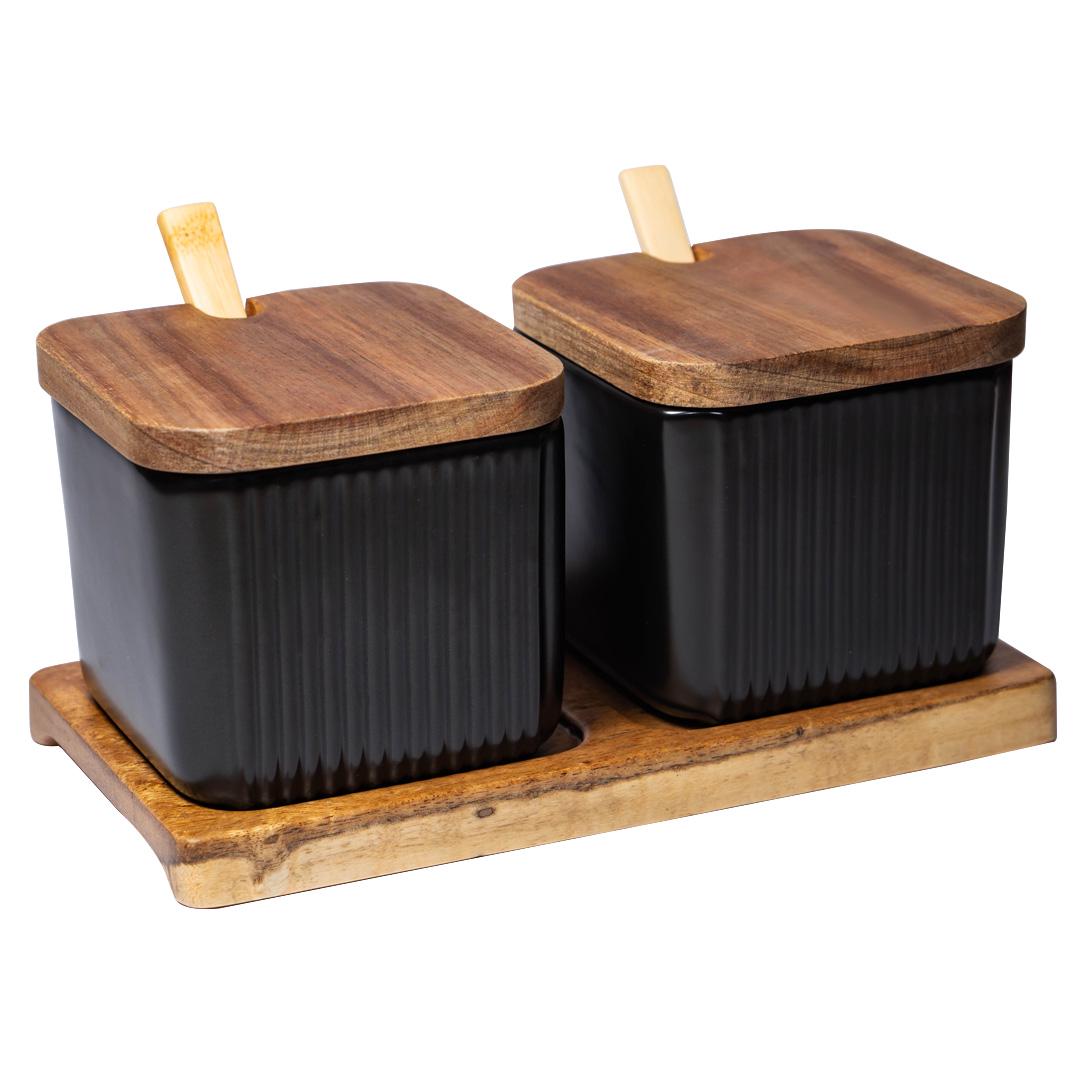 Комплект ваз для сипучих керамічних з дерев'яними кришками та ложками 2 шт. Чорний (ST0393) - фото 3 Комплект ваз для сипучих керамічних з дерев'яними кришками та ложками 2 шт. Чорний (ST0393) - фото 3