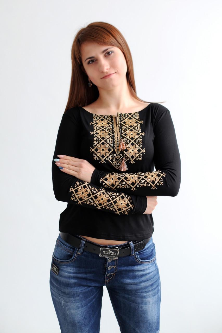 Футболка женская на длинный рукав с вышитыми рукавами (В-3)