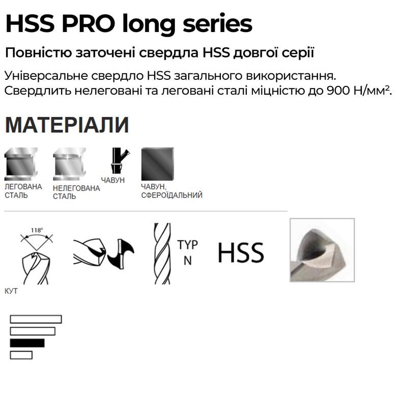 Свердло DIAGER HSS PRO Long Ø11x195 мм робоча довжина 128 мм по металу сталь HSS (SD7350735D11000000) - фото 2