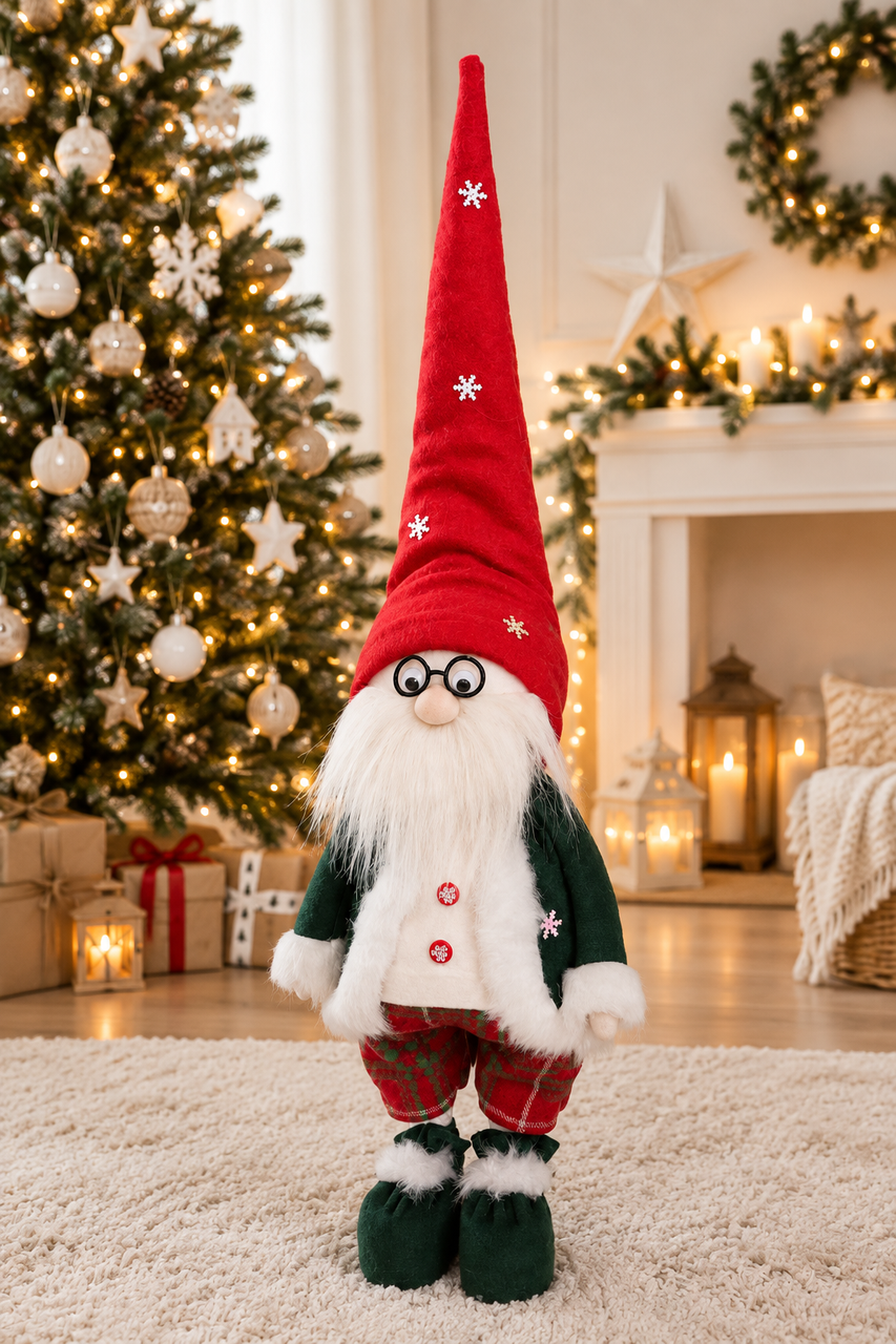 Гном новогодний Хатинка в очках 80 см Красный/Зеленый (GNOME-45)