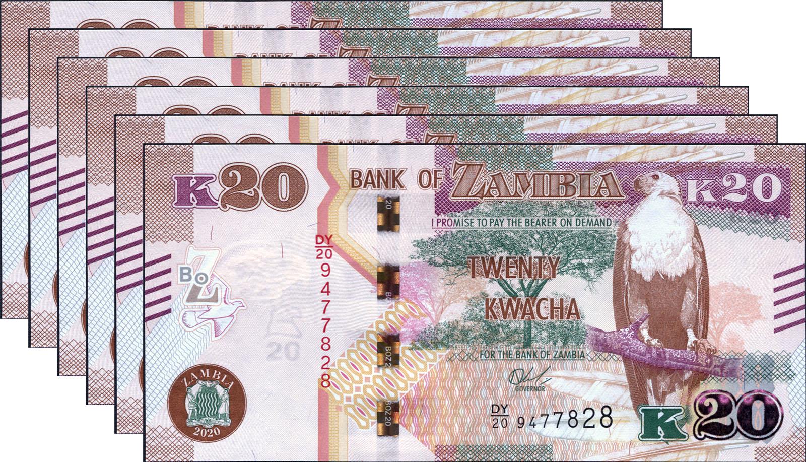 Коллекционная банкнота Замбия 2020 20 квач. 6 шт. P59c UNC