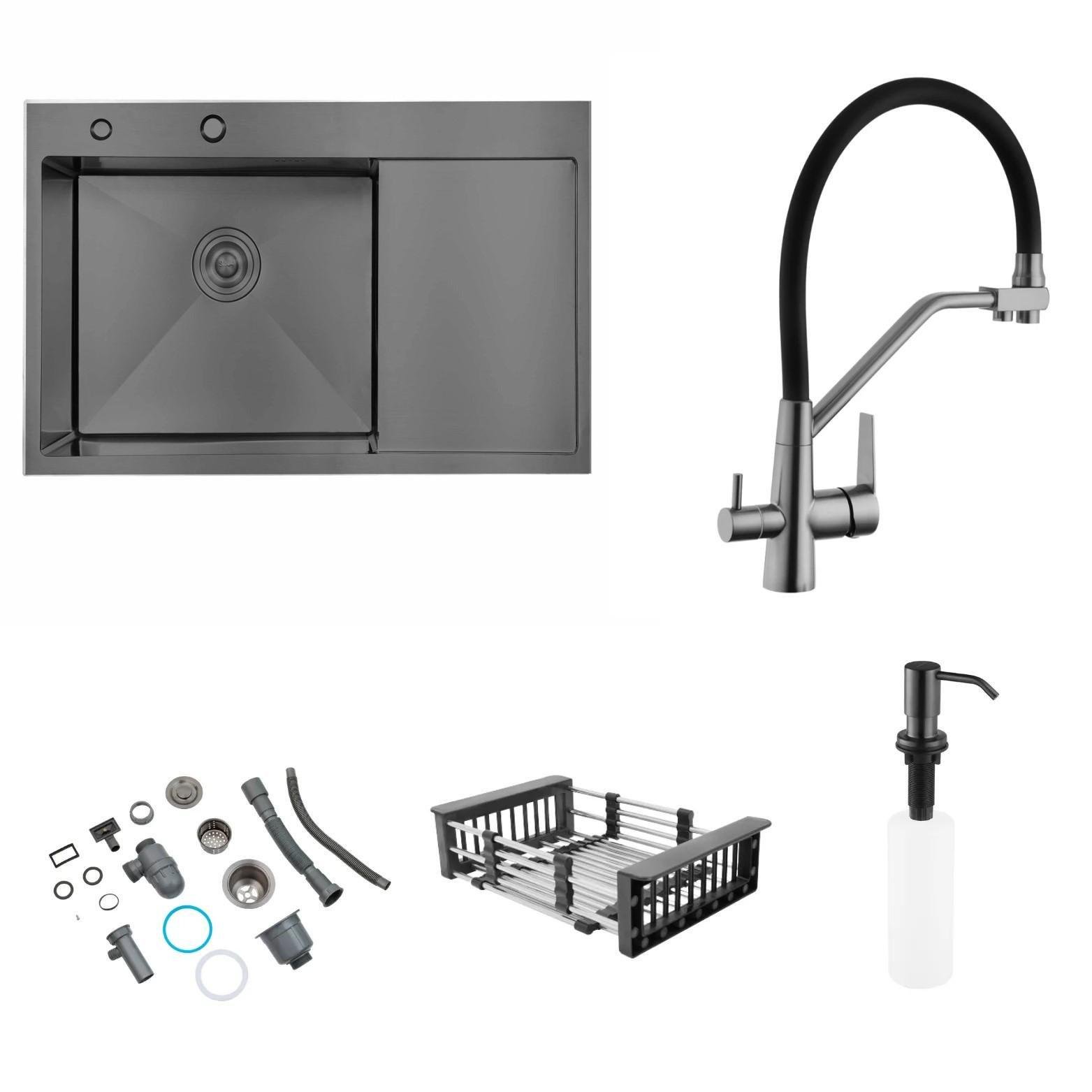 Мойка кухонная Lidz H6350BL PVD встроенная 3,0/1,0 мм Brush 630х500/215 мм/смеситель для кухни PVD03817 с подключением к фильтру