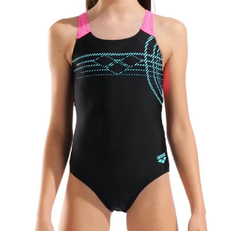 Купальник закритий для дівчат Arena SUNRISE SWIMSUIT SWIM PRO BACK 164 см Чорний/Бірюзовий/Рожевий (010762-590 164)