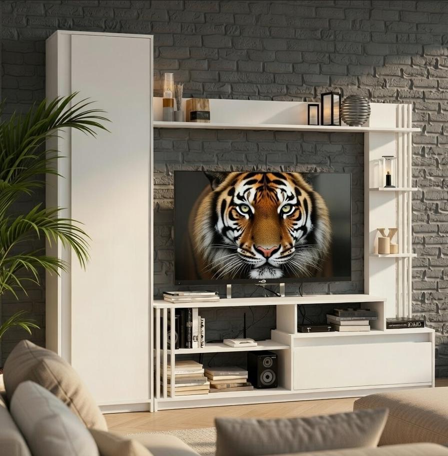 Стенка для ТВ Мастер Форм Брайт ДСП горка в гостиную со шкафом левосторонняя 2220х376х2000 мм Белый (20659)