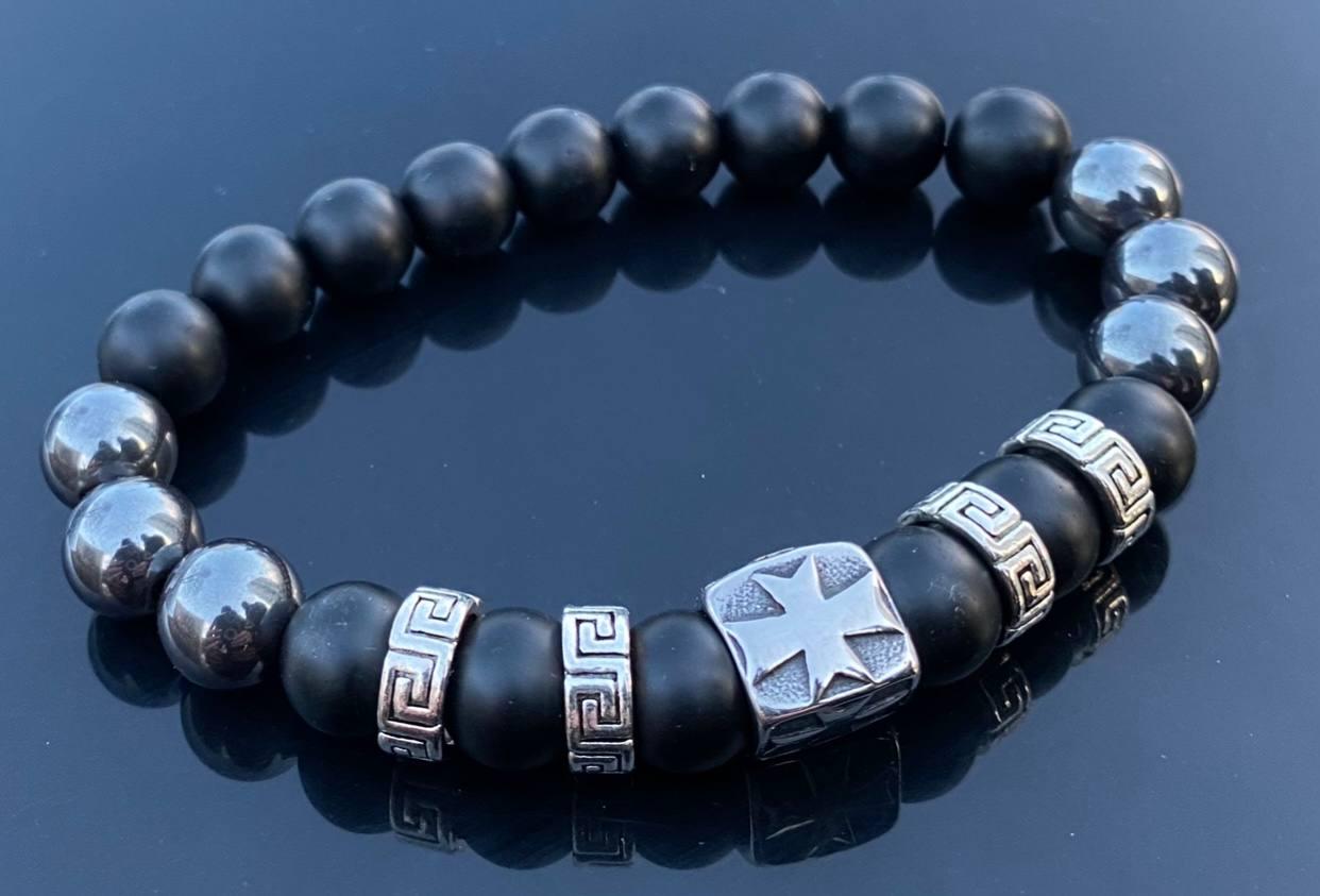 Браслет LITAURS из натурального камня черный турмалин d 10 мм гематит d 10 мм и металлическими вставками М 15-17 см (24114)