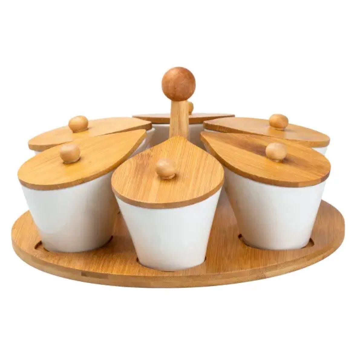 Набір баночок для сипучих продуктів порцелянових на бамбуковій підставці 6 шт. по 100 мл (HP258)