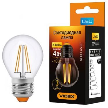 Лампа LED FІLAMENT G45F 4W E27 4100K 220V VL-G45F-04274 VIDEX