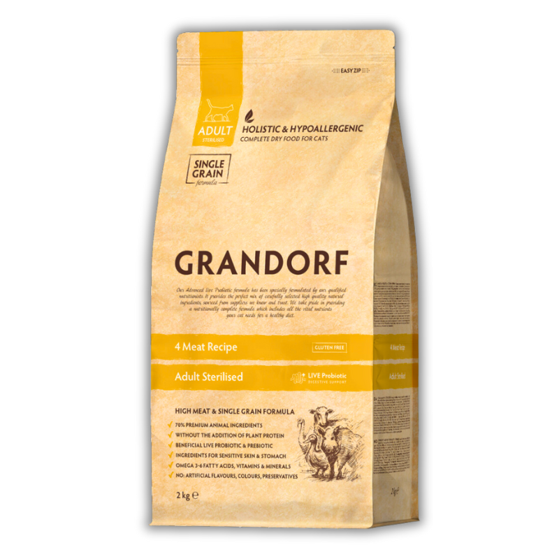 Корм для кошек сухой Grandorf 4 мяса для взрослых стерилизованных и кастрированных котов всех пород 2 кг (82702)