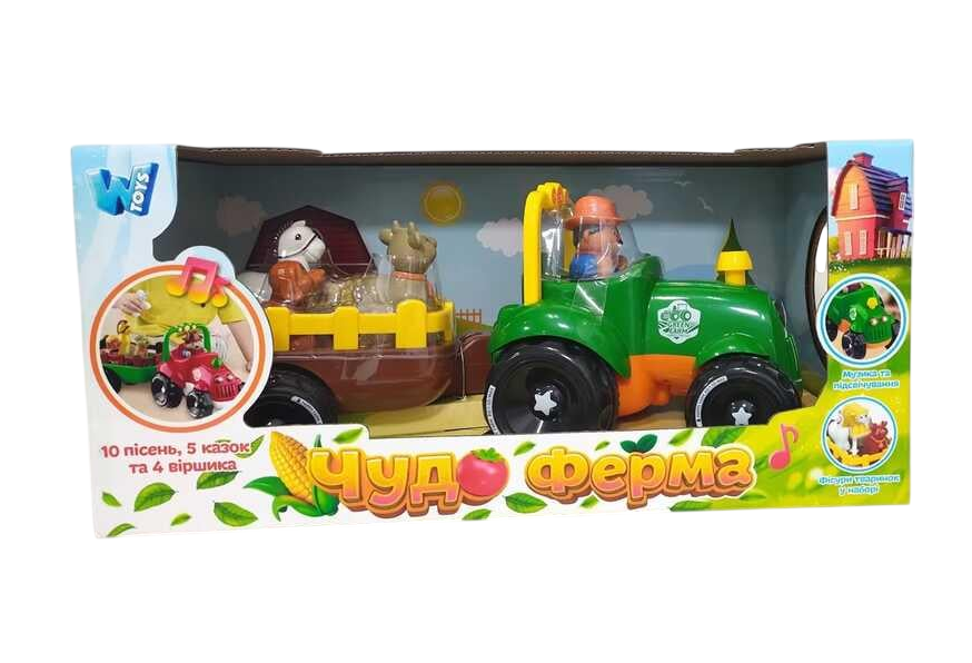 Трактор детский музыкальный WToys 37586 с прицепом на украинском языке/подсветка фар/стишки/сказки/песни Зеленый (2852445044)