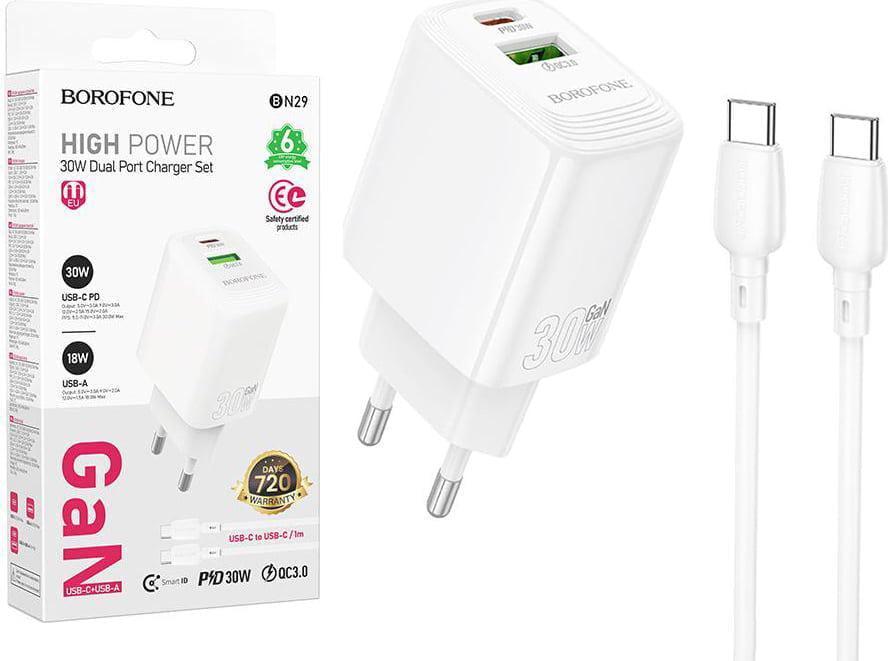 Зарядний пристрій Borofone BN29 30W PPS PD3.0 QC3.0 порти USB/Type-C/кабель Type-C-Type-C White (43306)