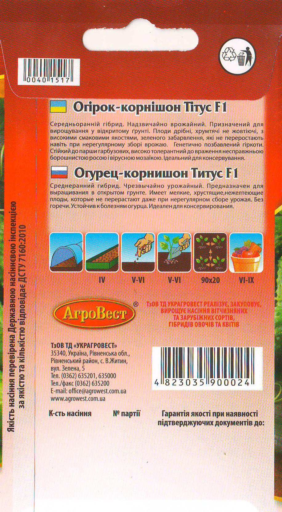 Насіння АгроВест огірок корнішон Тітус F1 1 г (40151) - фото 2 Насіння АгроВест огірок корнішон Тітус F1 1 г (40151) - фото 2