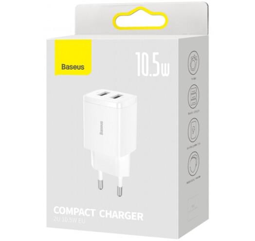 Зарядний пристрій Baseus Compact 2xUSB 10,5 W 2,1 A White (CCXJ010202) - фото 6